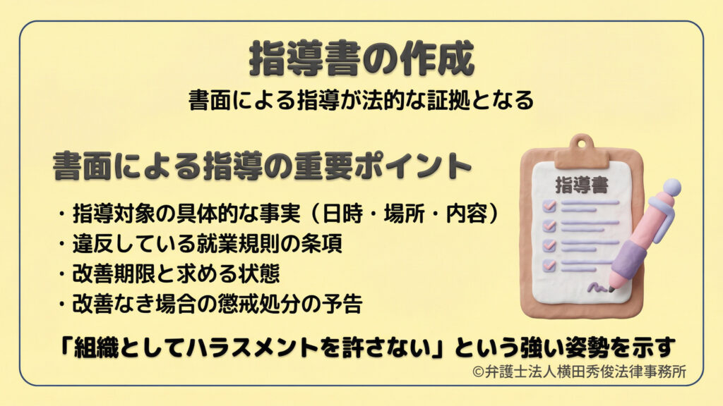 法的証拠となる「指導書の作成」について。書面による指導の重要ポイントとして、1.具体的な事実（日時・場所・内容）、2.違反している就業規則の条項、3.改善期限、4.改善なき場合の懲戒処分の予告の4点を挙げる。組織としてハラスメントを許さないという毅然とした姿勢を形に残す必要性を説明。
