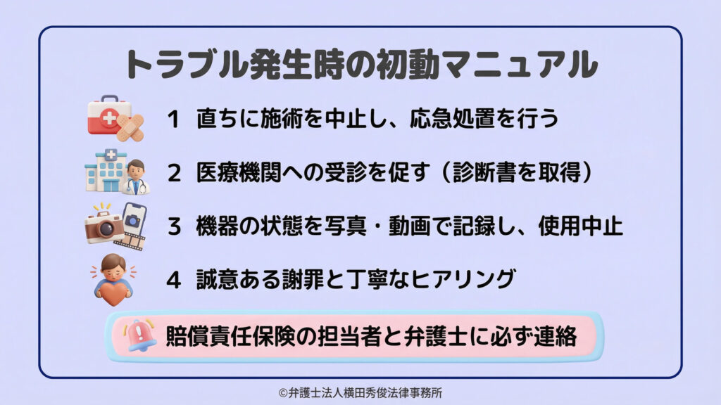 トラブル発生時の初動マニュアル。1.施術中止・応急処置、2.受診勧奨、3.機器の証拠記録、4.誠実なヒアリングを提示。保険担当者と弁護士への連絡を推奨。救急箱やカメラのアイコン。