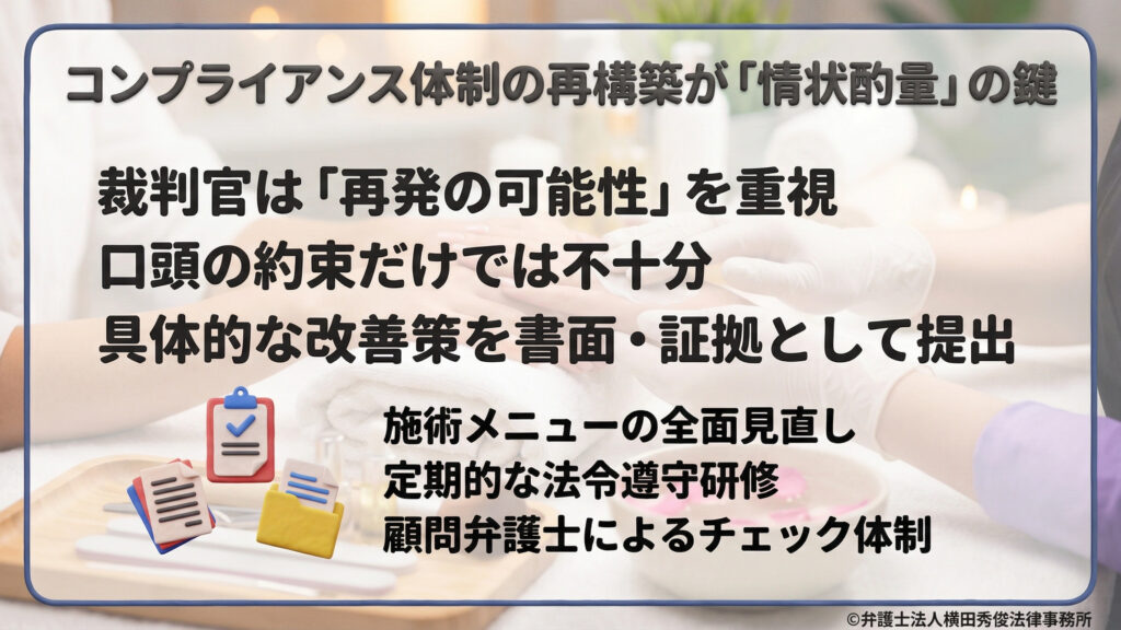 情状酌量を得るためのコンプライアンス再構築。裁判官が重視する「再発の可能性」を払拭するため、メニュー見直しや法令遵守研修、顧問弁護士によるチェック体制など、口頭ではなく具体的な改善策を証拠として提出する必要性を説く。