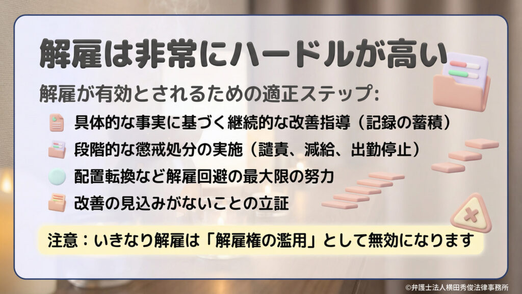 解雇のハードルの高さと適正なステップを解説。いきなりの解雇は「解雇権の濫用」で無効になるため、継続的な改善指導の記録、段階的な懲戒処分（譴責・減給・出勤停止）、配置転換等の努力、改善見込みがないことの立証が必要。法的トラブルを避けるための慎重なプロセスをステップごとに図示している。