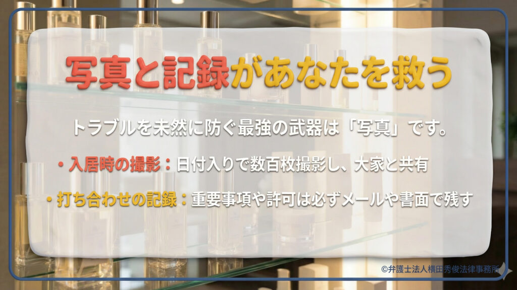 写真と記録による自衛。トラブル防止の最強の武器は「写真」であり、入居時に日付入りで数百枚撮影し共有すること、打ち合わせや許可の記録は必ずメールや書面で残すことが重要であると強調している。