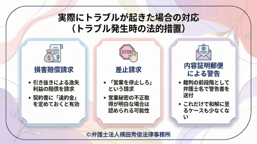 実際にトラブルが起きた場合の法的措置を３本立てで提示。損害賠償請求（引き抜きによる逸失利益、違約金条項があると有効）、差止請求（営業停止の請求、営業秘密の不正取得が明白なら認められる可能性）、内容証明郵便による警告（裁判前段階として弁護士名で送付し、これだけで和解に至らないケースもある）を図解する。