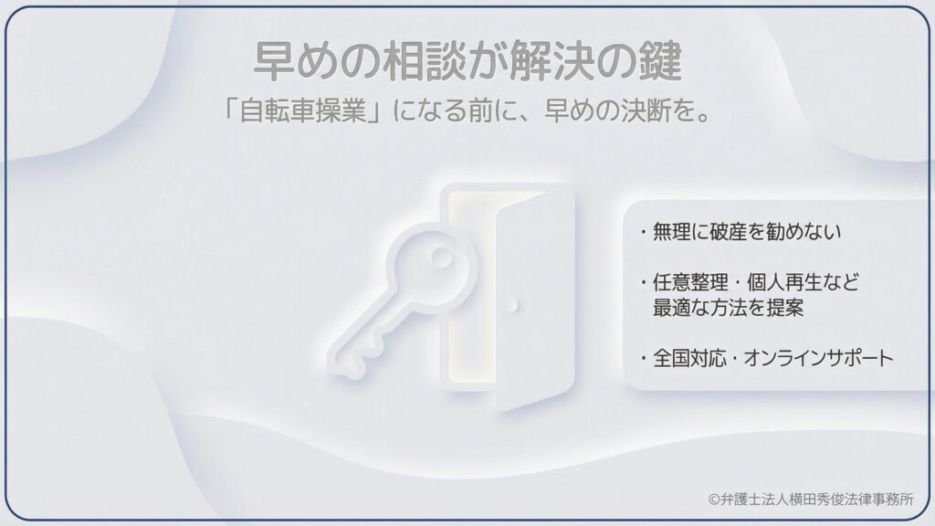 相談の重要性を説く内容。鍵と開いた扉のイラストと共に「自転車操業になる前に、早めの決断を」と促しています。サポート内容として、無理に破産を勧めず、任意整理や個人再生など最適な方法を提案すること、全国対応のオンラインサポートがあることを記載。早期相談が解決への扉を開くイメージを伝えています。