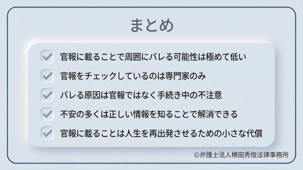 全体のまとめを5つのチェックポイントで提示。1.官報でバレる可能性は極めて低い、2.チェックするのは専門家のみ、3.原因は官報ではなく手続き中の不注意、4.正しい情報で不安は解消できる、5.掲載は人生再出発のための小さな代償。自己破産への不安を払拭し、前向きな再スタートを促す内容です。
