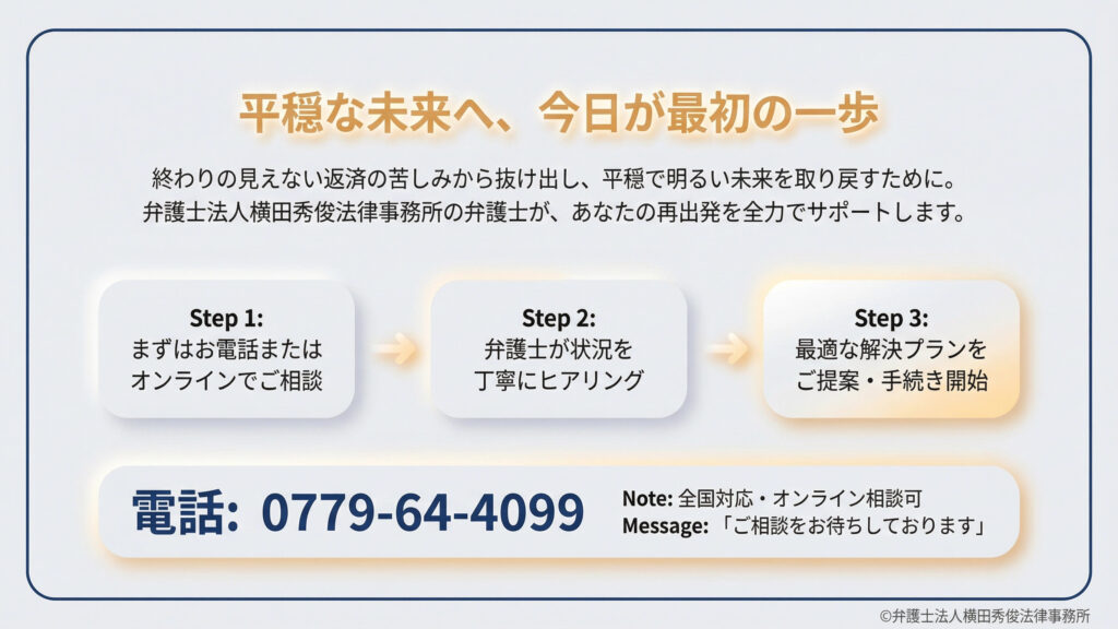 相談から解決までの流れを解説。「Step 1:電話またはオンラインで相談」「Step 2:弁護士が状況を丁寧にヒアリング」「Step 3:最適なプラン提案・手続き開始」の3段階を矢印で表示。明るい未来を取り戻すための第一歩として、全国対応・オンライン相談可能であることと、相談を歓迎するメッセージを記載している。