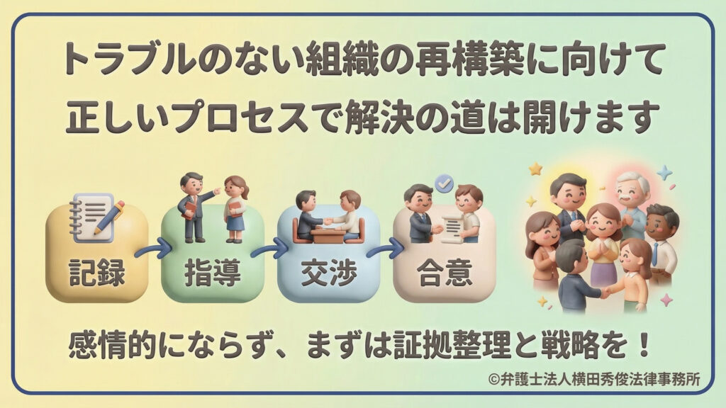 トラブルのない組織再構築に向けた「記録→指導→交渉→合意」という正しいプロセスの流れをフロー図で提示。感情的にならず、まずは証拠整理と戦略を立てることが解決への道であると、円満な職場環境のイラストと共にまとめています。