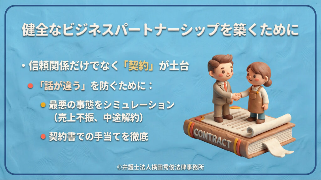 健全なビジネスパートナーシップを築くために 信頼関係だけでなく「契約」が土台であることを強調。「話が違う」を防ぐため、売上不振や中途解約などの最悪の事態をシミュレーションし、契約書での手当てを徹底することを呼びかけ。巨大な契約書の上で握手する二人のイラストで表現。