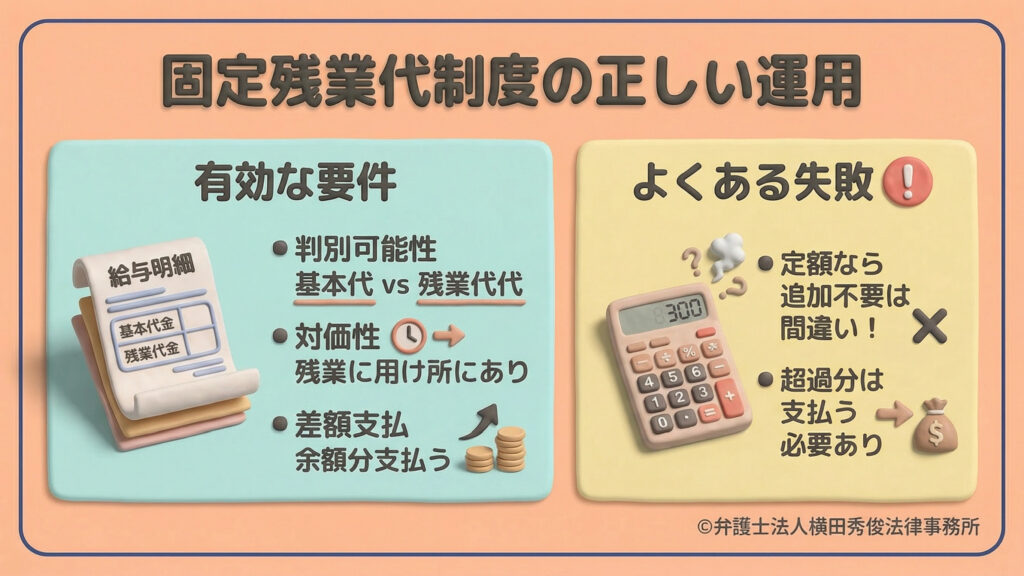 固定残業代制度の有効要件と注意点を解説するスライド。左側には有効な要件として、基本給と残業代が区別できる「判別可能性」、残業の対価である「対価性」、超過分を支払う「差額支払」が挙げられています。右側にはよくある失敗として、定額なら追加不要という誤解を指摘し、超過分の支払い義務を強調しています。給与明細や電卓のイラストが添えられています。