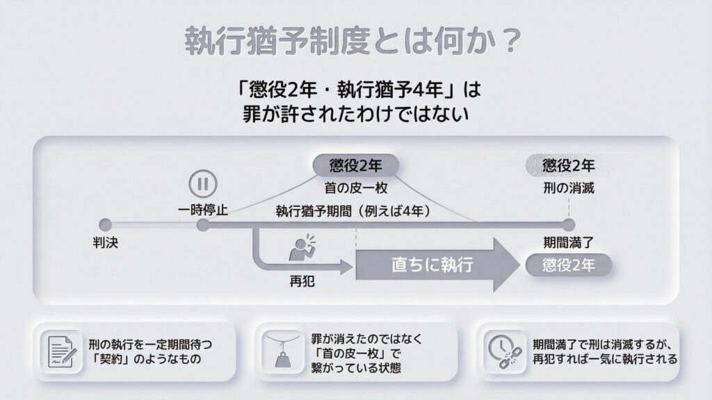 執行猶予を「刑の執行を一定期間待つ契約」と定義し、懲役2年・執行猶予4年の例で仕組みを解説。罪が許されたわけではなく「首の皮一枚」で繋がった状態であり、期間を満了すれば刑は消滅するが、再犯すれば猶予されていた刑が直ちに執行されるというリスクを図解しています。