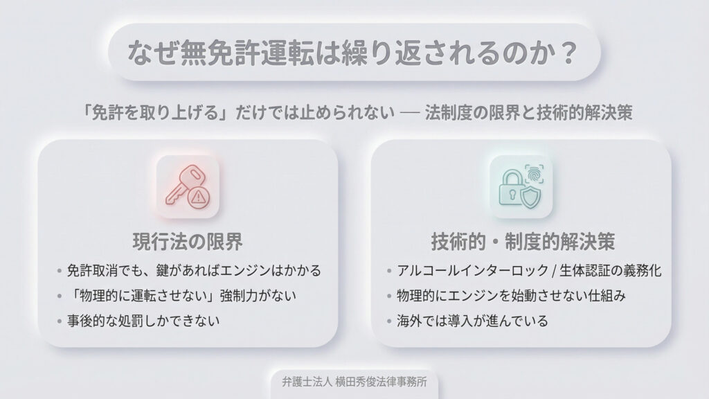 現行法では免許を取り消しても「鍵があればエンジンがかかる」ため、物理的に運転を阻止できない限界を指摘。解決策として、アルコールインターロックや生体認証の義務化など、海外で導入が進む「物理的に始動させない仕組み」を提案。事後の処罰だけでなく技術的な再犯防止策の必要性を説いています。