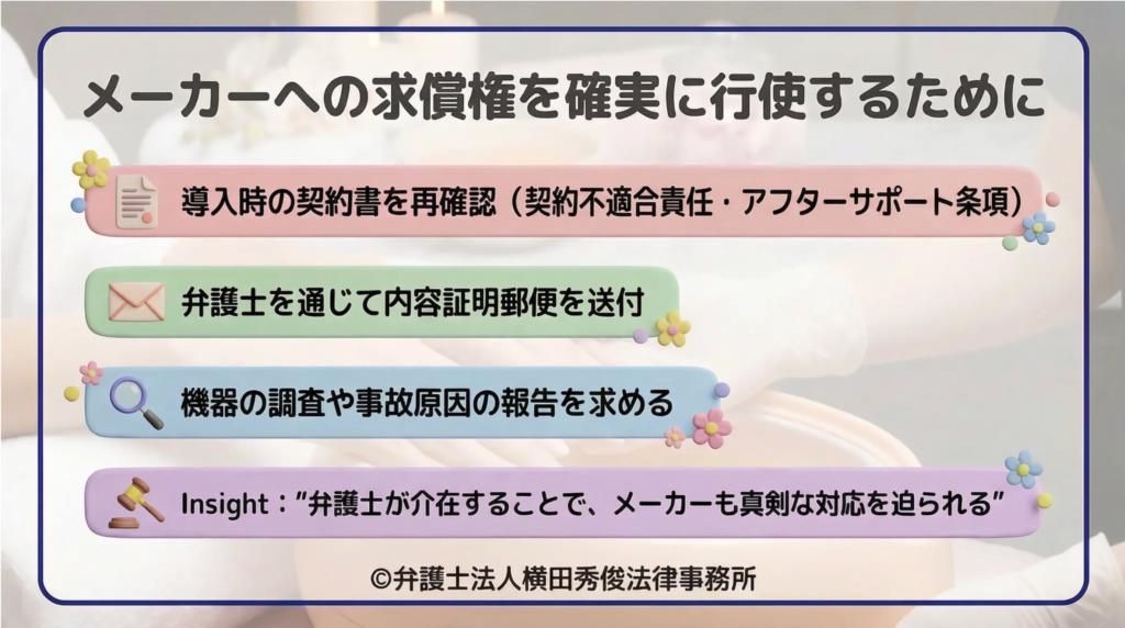 メーカーへの求償権行使のポイント。契約書の再確認、内容証明郵便の送付、原因調査の要求を挙げ、弁護士の介在がメーカーの真剣な対応を引き出すと解説。ネイルケアの背景画像。