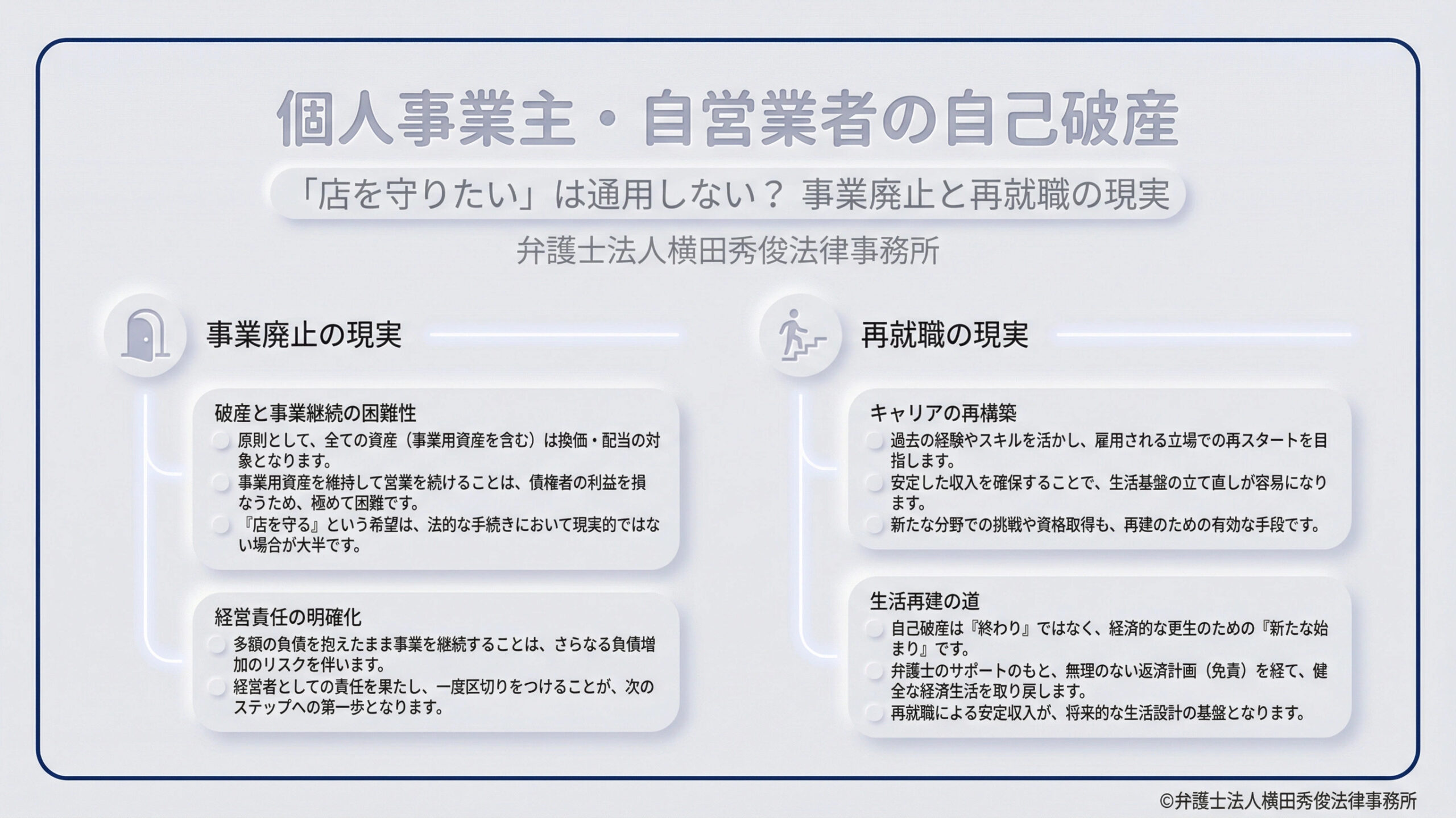 個人事業主・自営業者の自己破産。「店を守りたい」は通用しない？事業廃止と再就職の現実