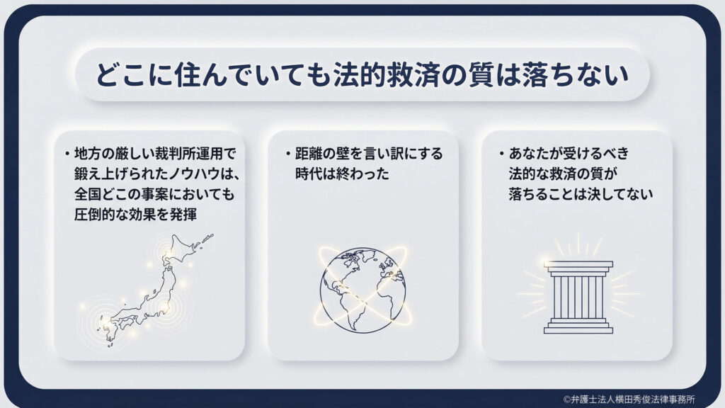 タイトル「どこに住んでいても法的救済の質は落ちない」。日本地図、地球、神殿のアイコン。地方の厳しい裁判所運用で鍛え上げたノウハウは全国で通用すると強調。「距離の壁を言い訳にする時代は終わった」とし、相談者がどこに住んでいても、受けるべき法的救済の質が落ちることは決してないと力強く宣言している。