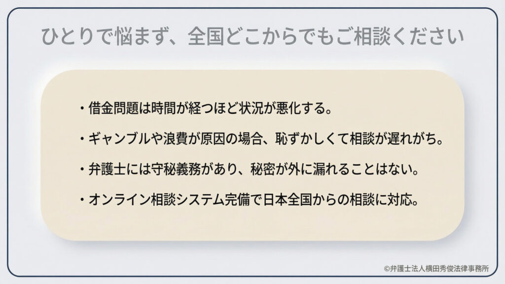 まとめとして、借金問題は早期相談が重要であると呼びかけています。ギャンブルや浪費が原因でも、弁護士の守秘義務により秘密は守られます。オンライン相談システムにより日本全国から相談可能であると案内。最後は「弁護士法人横田秀俊法律事務所」のクレジットで締めくくられています。
