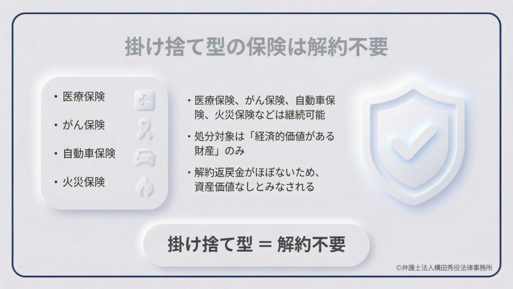 掛け捨て型保険の取り扱いについての解説。医療保険、がん保険、自動車保険、火災保険などは継続可能と説明。これらは解約返戻金がほぼなく「経済的価値がある財産」とみなされないため、処分対象外となる。「掛け捨て型＝解約不要」というルールを明確に示している。