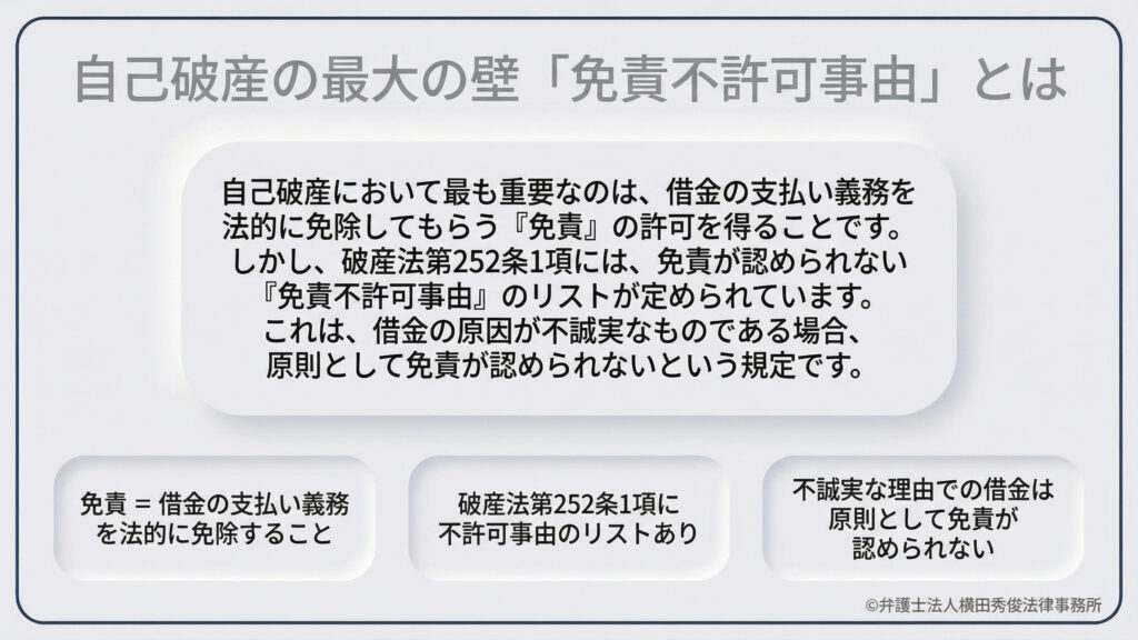 自己破産における「免責(借金の支払い義務の免除)」と、その例外となる「免責不許可事由」の解説。破産法第252条第1項に基づき、借金の原因が不誠実な場合には原則として免責が認められないという規定があることを示しています。免責を得ることこそが自己破産で最も重要であると強調されています。