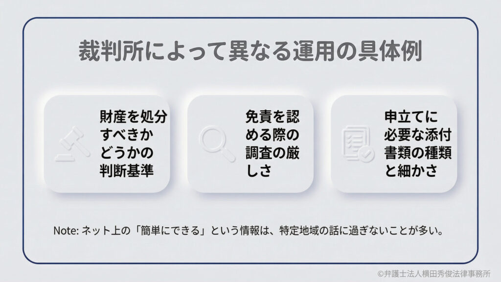 裁判所によって異なる運用の具体例。財産処分の判断基準、免責審査の厳しさ、申立てに必要な添付書類の種類や細かさなど、具体的に異なる点があります。ネット上の「簡単にできる」という情報は、一部の地域に限った話である可能性が高いことに注意が必要です。
