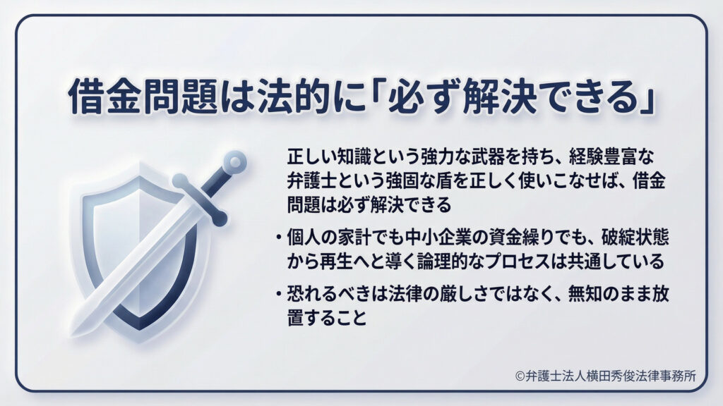 タイトル「借金問題は法的に『必ず解決できる』」。剣と盾のアイコン。正しい知識（武器）と経験豊富な弁護士（盾）があれば、個人・法人問わず破綻状態から再生への論理的プロセスは共通していると説明。恐れるべきは法律の厳しさではなく、無知のまま放置することであり、適切な介入による解決の可能性を提示している。