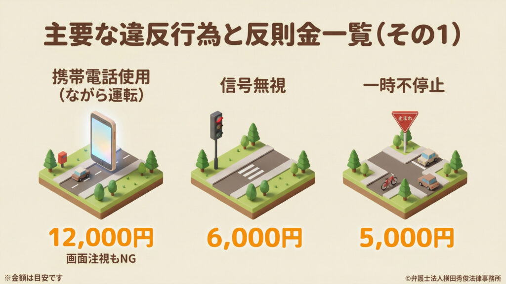 具体的な違反行為と反則金の目安を紹介。左から、携帯電話使用（ながら運転）が12,000円（画面注視もNG）、信号無視が6,000円、一時不停止が5,000円と示されています。それぞれの違反シーンが3Dの街並みイラストで分かりやすく視覚化されており、日常的な違反への注意を喚起しています。