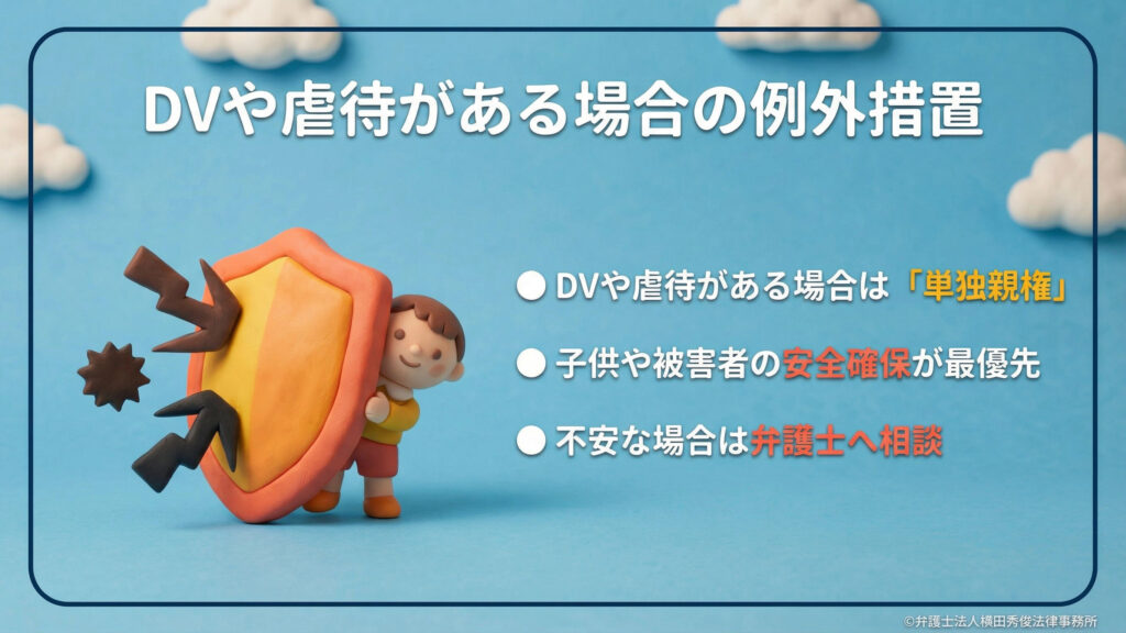 盾で子供を守るイラスト。「DVや虐待がある場合の例外措置」という見出し。DVや虐待の恐れがある場合は、例外的に「単独親権」となることを説明。子供や被害者の安全確保を最優先とし、不安な場合は弁護士へ相談することを推奨しています。右下には事務所名「弁護士法人横田秀俊法律事務所」の記載。