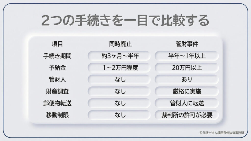 同時廃止と管財事件の比較表。項目ごとに「手続き期間（3-6ヶ月 vs 半年-1年以上）」「予納金（1-2万 vs 20万以上）」「管財人の有無」「財産調査の有無」「郵便物転送の有無」「移動制限の有無」を対比。管財事件では全ての項目で制限や厳格な調査が発生し、同時廃止に比べて負担が大きいことが一目でわかる。