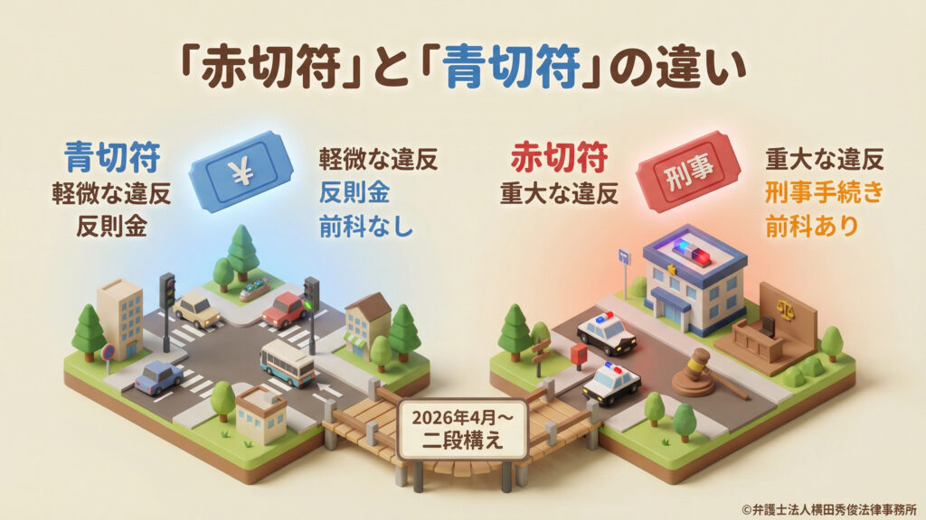 2026年4月から始まる二段構えの制度を比較。青切符は「軽微な違反」が対象で反則金を支払えば前科はつきません。一方、赤切符は「重大な違反」が対象で刑事手続きが行われ前科がつく可能性があります。街のイラストを左右に分け、青いチケットと赤いチケットでそれぞれのペナルティの重さを視覚的に表現しています。