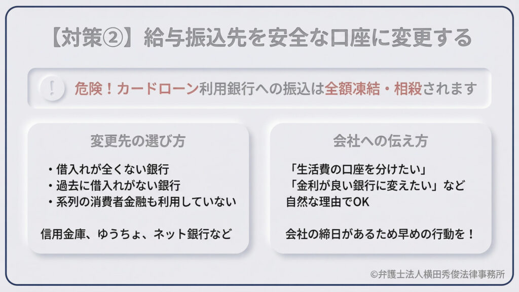 対策その2。カードローン利用中の銀行へ給与が振り込まれると全額凍結・相殺される危険があるため、振込先の変更を推奨。変更先は「借入れや系列消費者金融の利用がない」信用金庫、ゆうちょ、ネット銀行などが望ましい。会社への説明は「生活費の口座を分けたい」等の自然な理由で、早めに行動すべきと説いている。