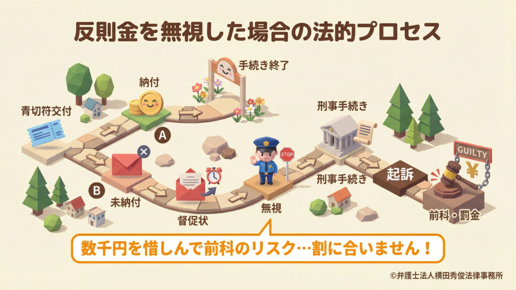 青切符交付後の流れを双六風に解説。期限内に納付すれば手続き終了（ルートA）ですが、未納で督促状も無視し続けると、最終的に刑事手続きへ移行し起訴されるリスク（ルートB）があります。数千円の反則金を惜しんで前科・罰金という重いリスクを背負うのは「割に合わない」と強く警告しています。