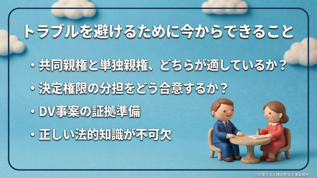 机を挟んで相談する男女のイラスト。「トラブルを避けるために今からできること」という見出し。共同と単独のどちらが適しているか、決定権限の分担をどう合意するか、DV事案の証拠準備など、事前の備えが重要であると指摘。正しい法的知識が不可欠であることを強調し、専門家への相談を勧めています。