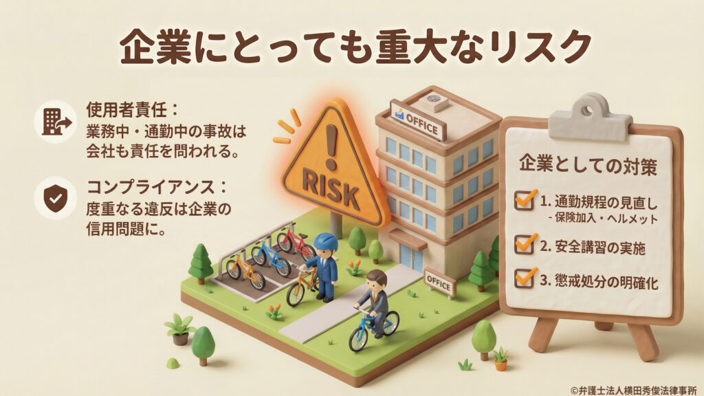 従業員の自転車利用に関する企業側のリスクと対策。業務中・通勤中の事故は使用者責任を問われるほか、度重なる違反は企業の信用問題に直結します。企業としての対策として、1.通勤規程の見直し（保険・ヘルメット）、2.安全講習の実施、3.懲戒処分の明確化の3点をチェックリスト形式で提案しています。