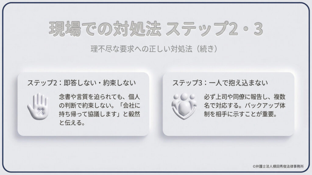 ステップ2は「即答しない・約束しない」。念書や言質を迫られても個人で判断せず「持ち帰って協議します」と毅然と伝える。ステップ3は「一人で抱え込まない」。必ず上司や同僚に報告し、複数名で対応する。組織としてのバックアップ体制を相手に示すことで、現場担当者の心理的・物理的負担を軽減する重要性を説く。